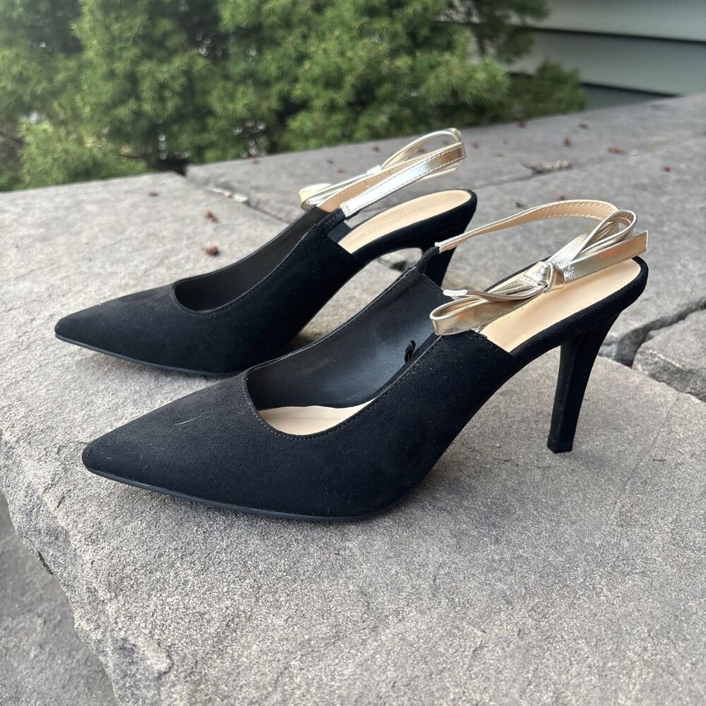 Women’s Ann Taylor Black Slingback Heels With Metallic Bows Size 6 EUC